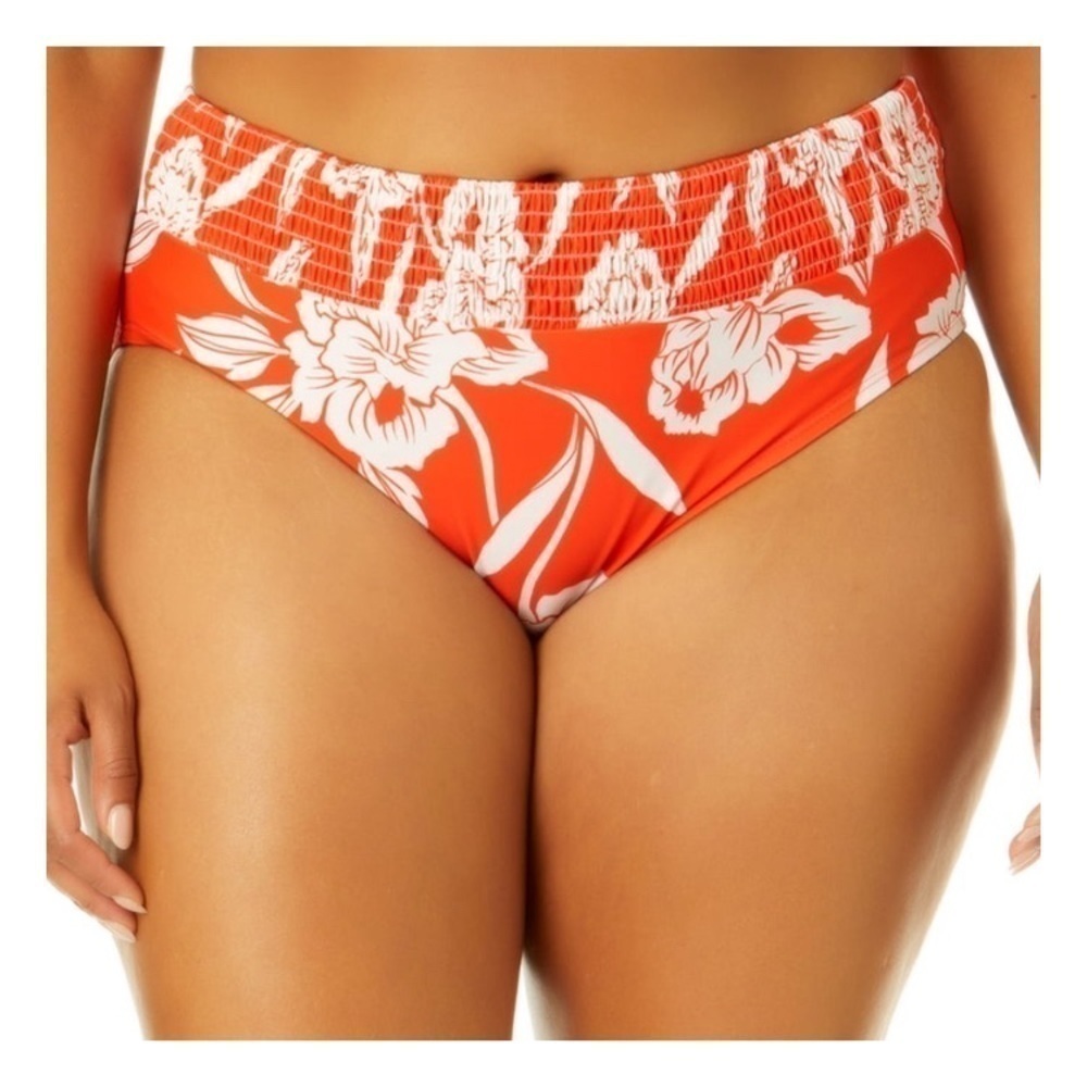 Time and Tru Women's Plus Size Mid Rise Smocked Swim Bottoms orange summer Vacay